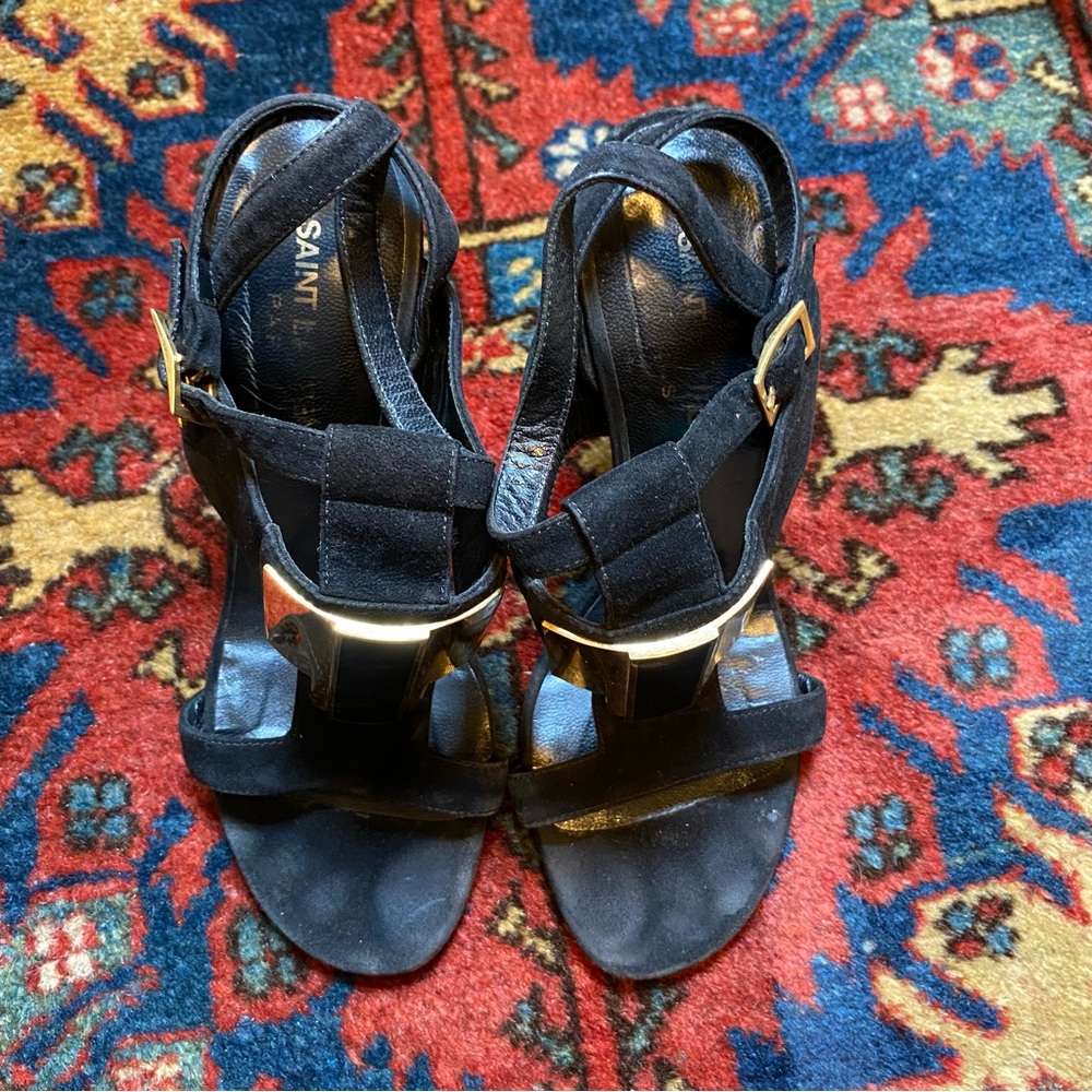 Vintage Saint Laurent Black Suede Heels with Gold Accent - Picture 3 of 5